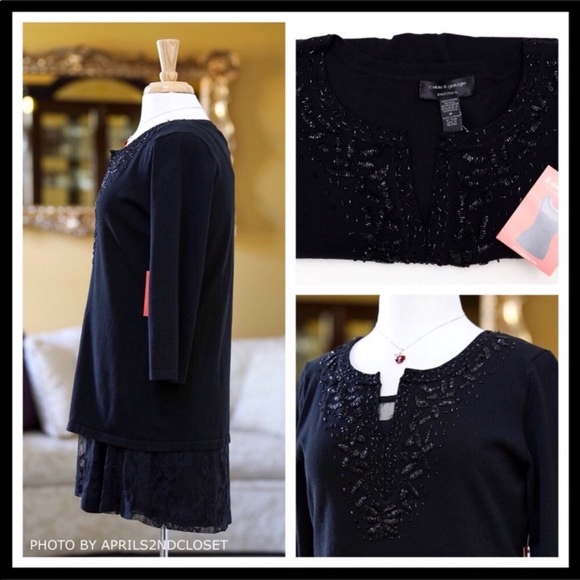 BLACK EMBELLISHED 3/4 SLEEVES KNIT TUNIC TOP A3C - Picture 4 of 6